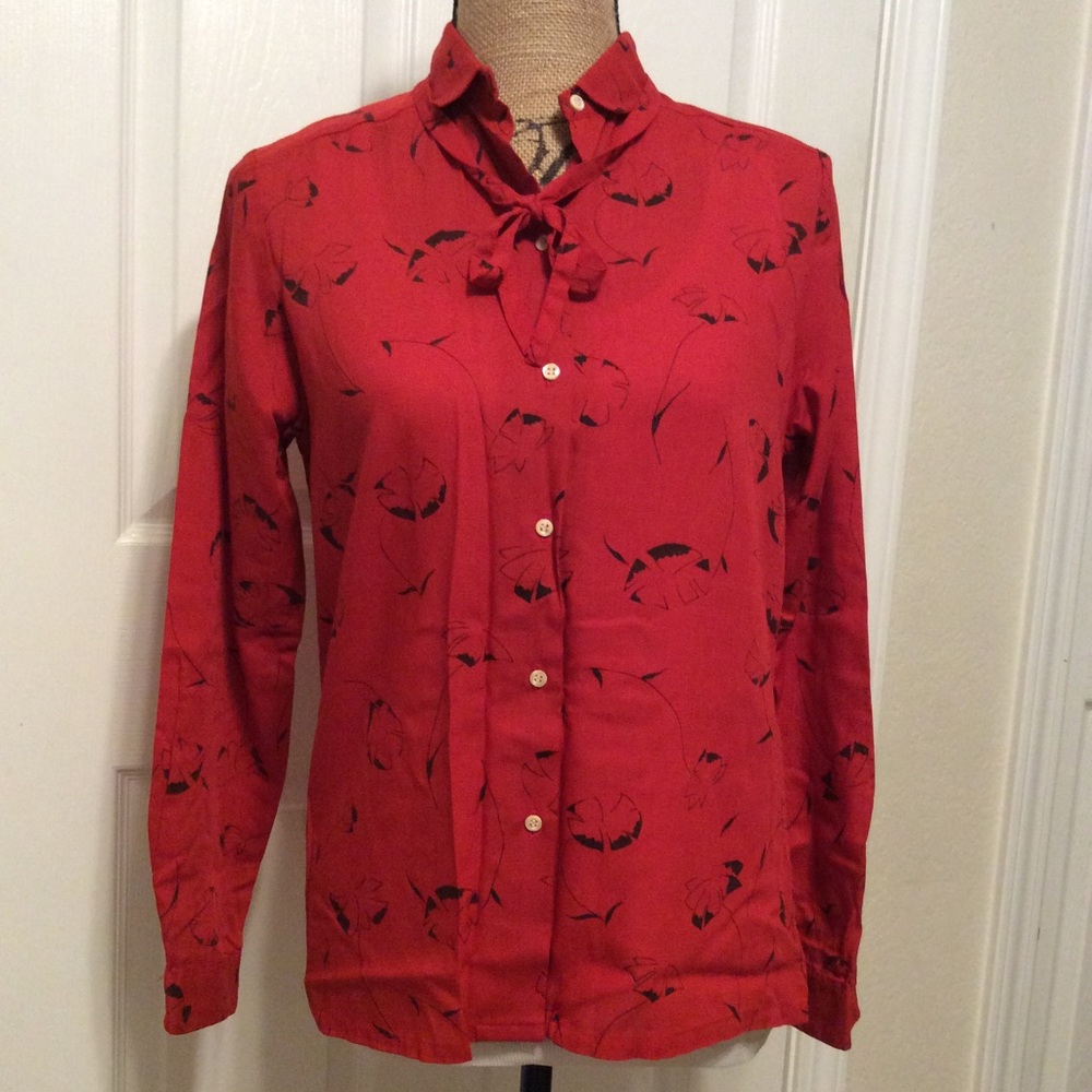 Vintage Sears red black ginkgo print button front collared bow neck tied top 12
